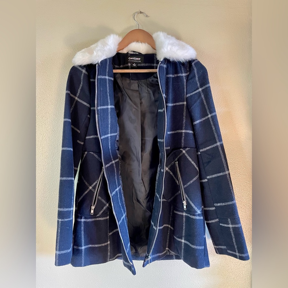 Long Blue and Off White Plaid Trench Coat with White Fur Collar.